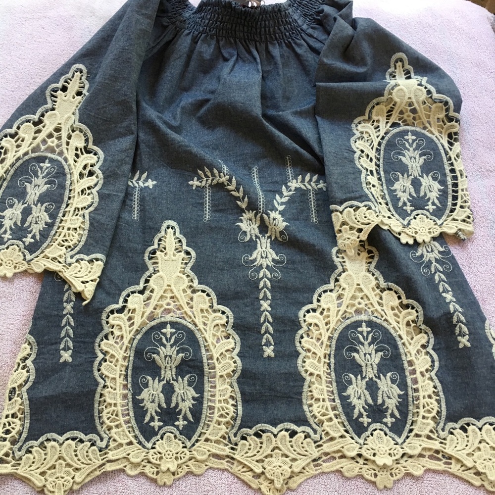 NWT denim and lace off the shoulders blouse. - Picture 2 of 6